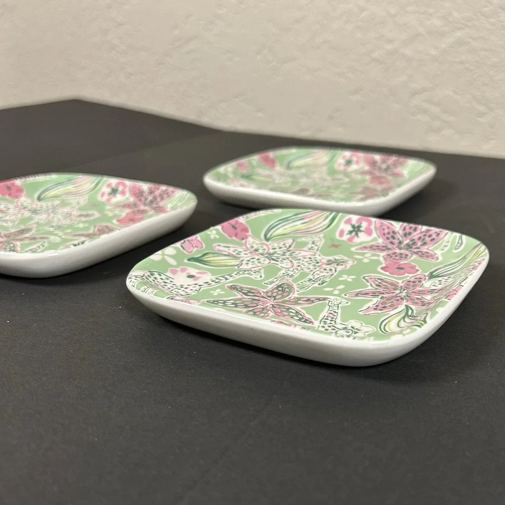 Giraffe Floral Trinket/Soap Dish Set of 3 Pink Green 4.5 inch Whimsical